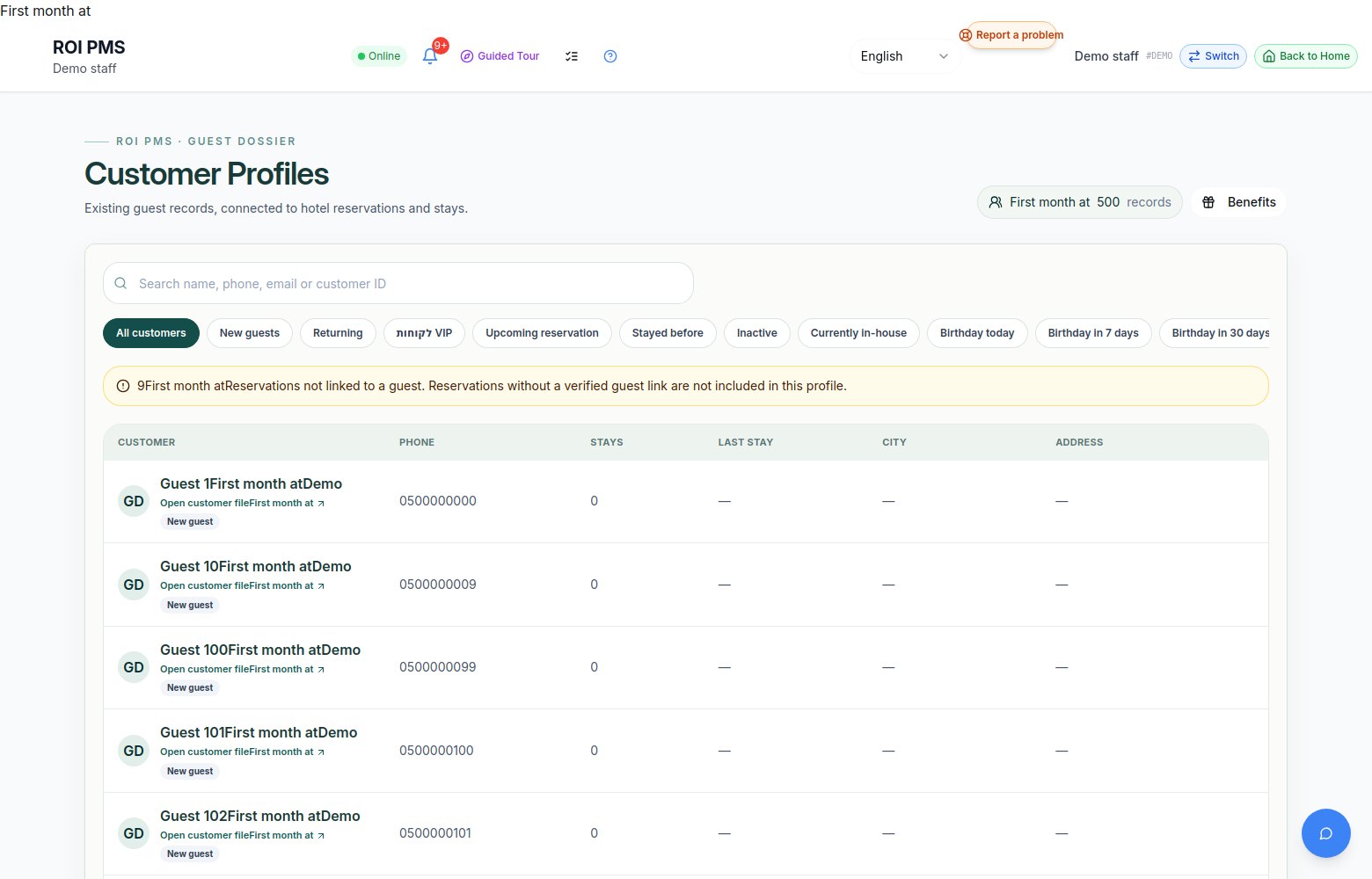 Customer Files — Demo Hotel