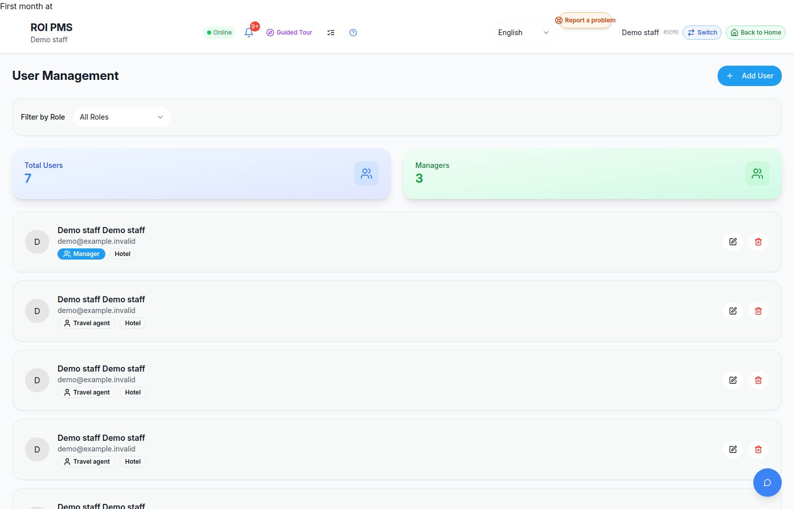 User and permissions screen