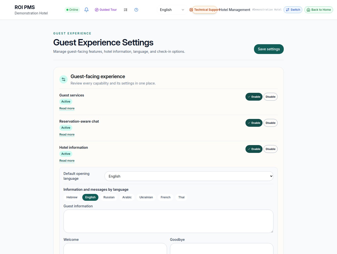 Hotel-side guest experience management — illustrative demo data