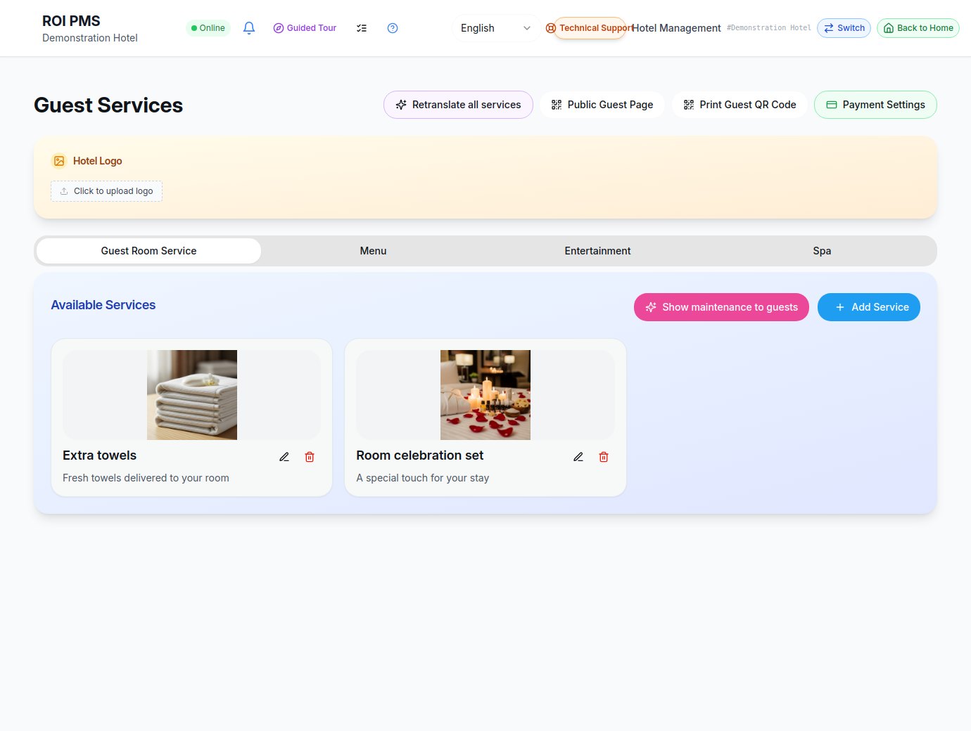 Hotel-side service management — illustrative demo data